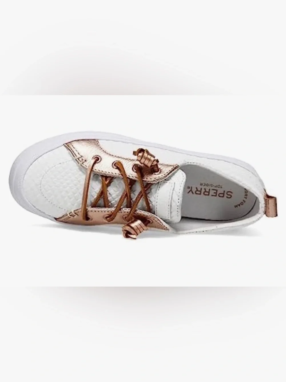 Sperry White Woven Low-Top Sneaker with Metallic Rose Accents